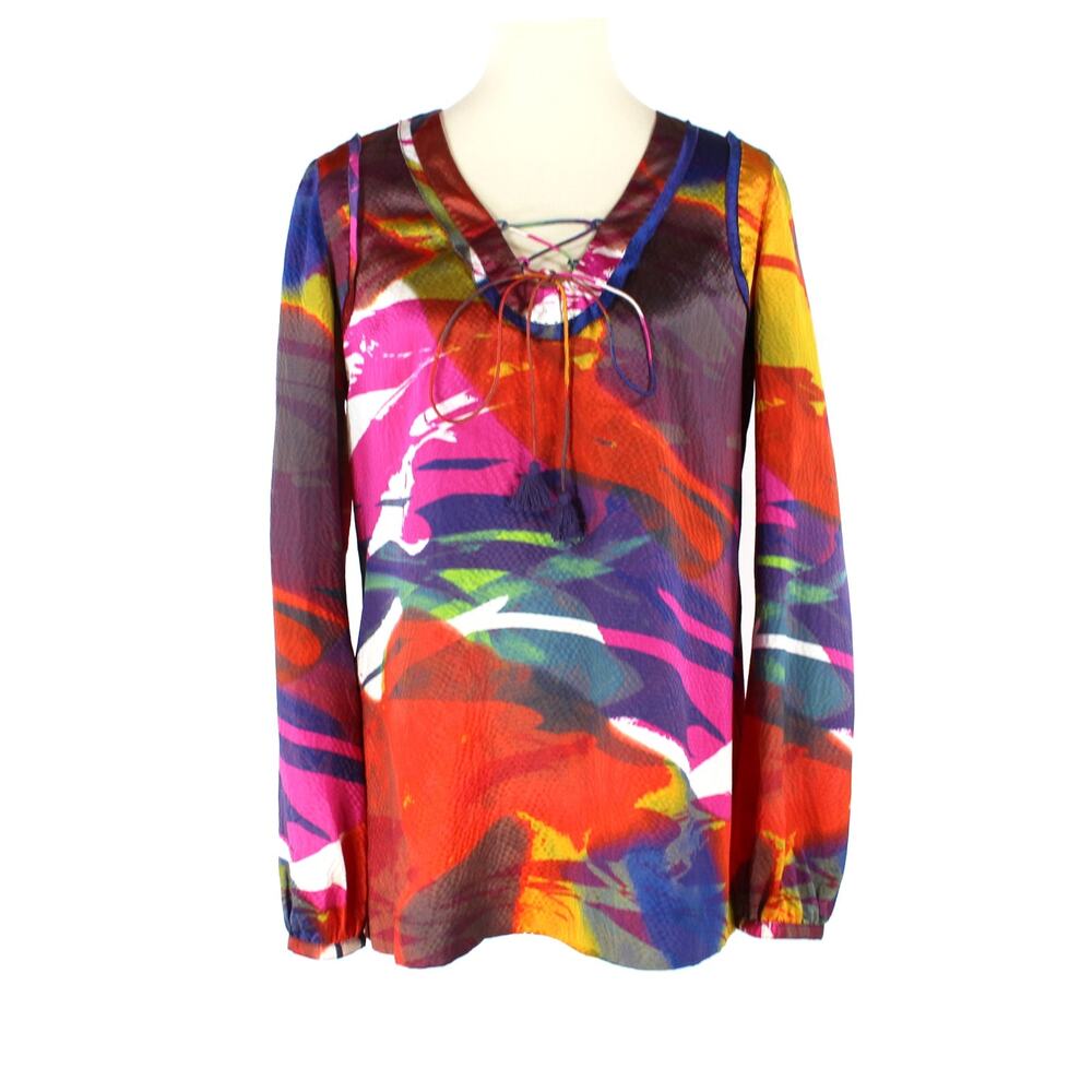 Tory Burch Colorful Hammered Silk Tie V-Neck Tunic 8 Multicolor Long Sleeve Top